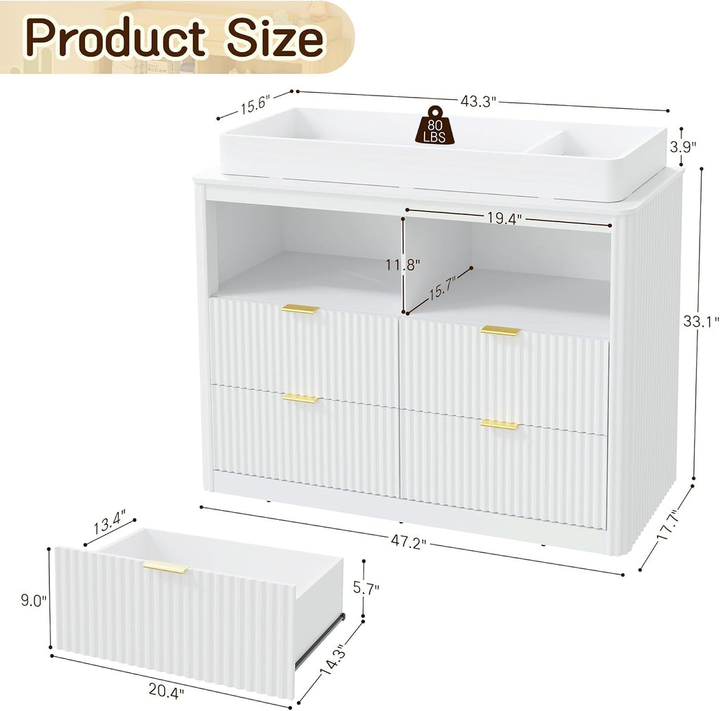 Nursery Dresser, 4 Large Drawers Wood Baby Changing Dresser with Raised and Detachable Changing Table Top, Fluted