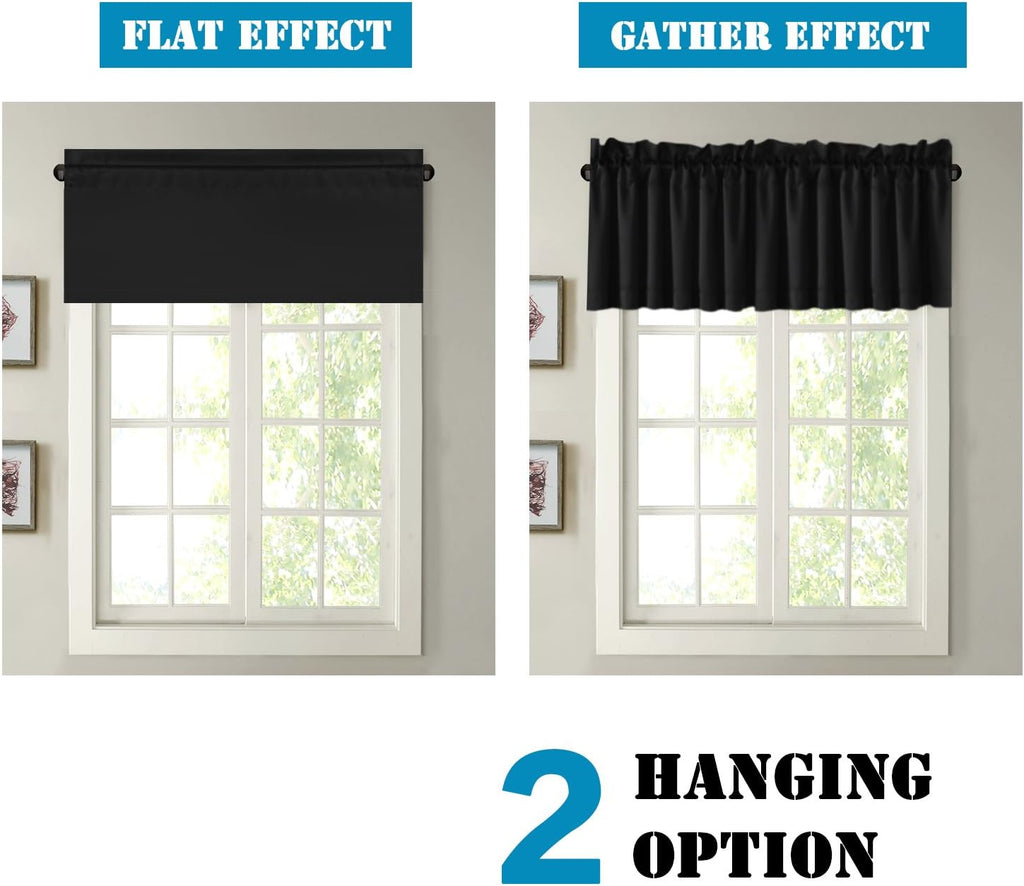 Blackout Valances for Window, Black Kitchen Valances Curtains Short Window Privacy Decorative Rod Pocket 2 Packs, 52"