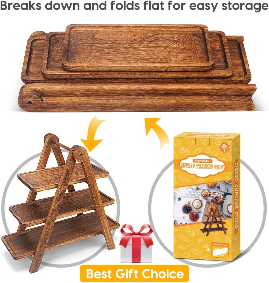 Wood 3 Tier Serving Tray Three Tiered Cupcake Stand, Rectangle Serving Platter Wooden Farmhouse Tiered Tray, Party
