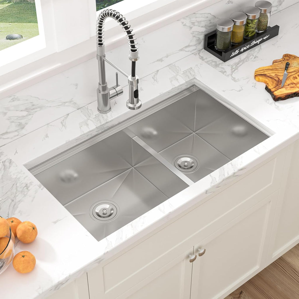 32 Undermount Kitchen Sink Double Bowl- 32x19 Inch Double Undermount Sink Stainless Steel 16 Gauge Ledge Workstation