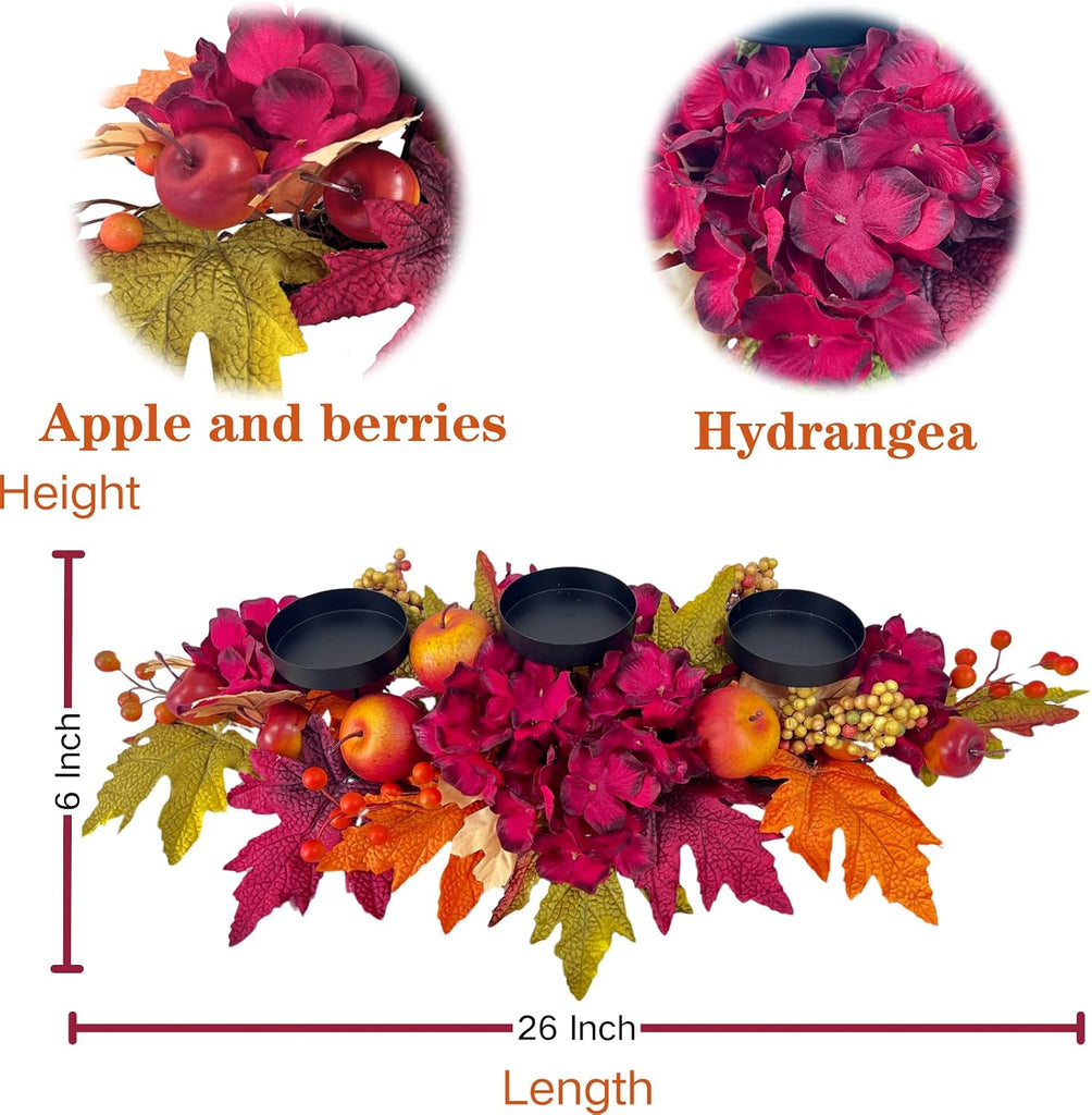 26 Inch Fall Candle Holder Centerpiece with Hydrangea and Apples