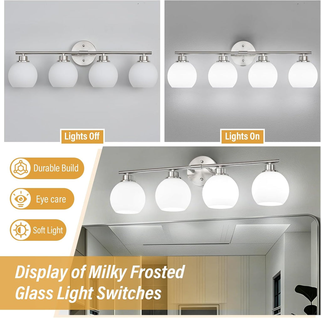 Brushed Nickel Bathroom Light Fixtures, 4-Light Vanity Light Over Mirror | Modern Bathroom Lighting Over Mirror, Wall