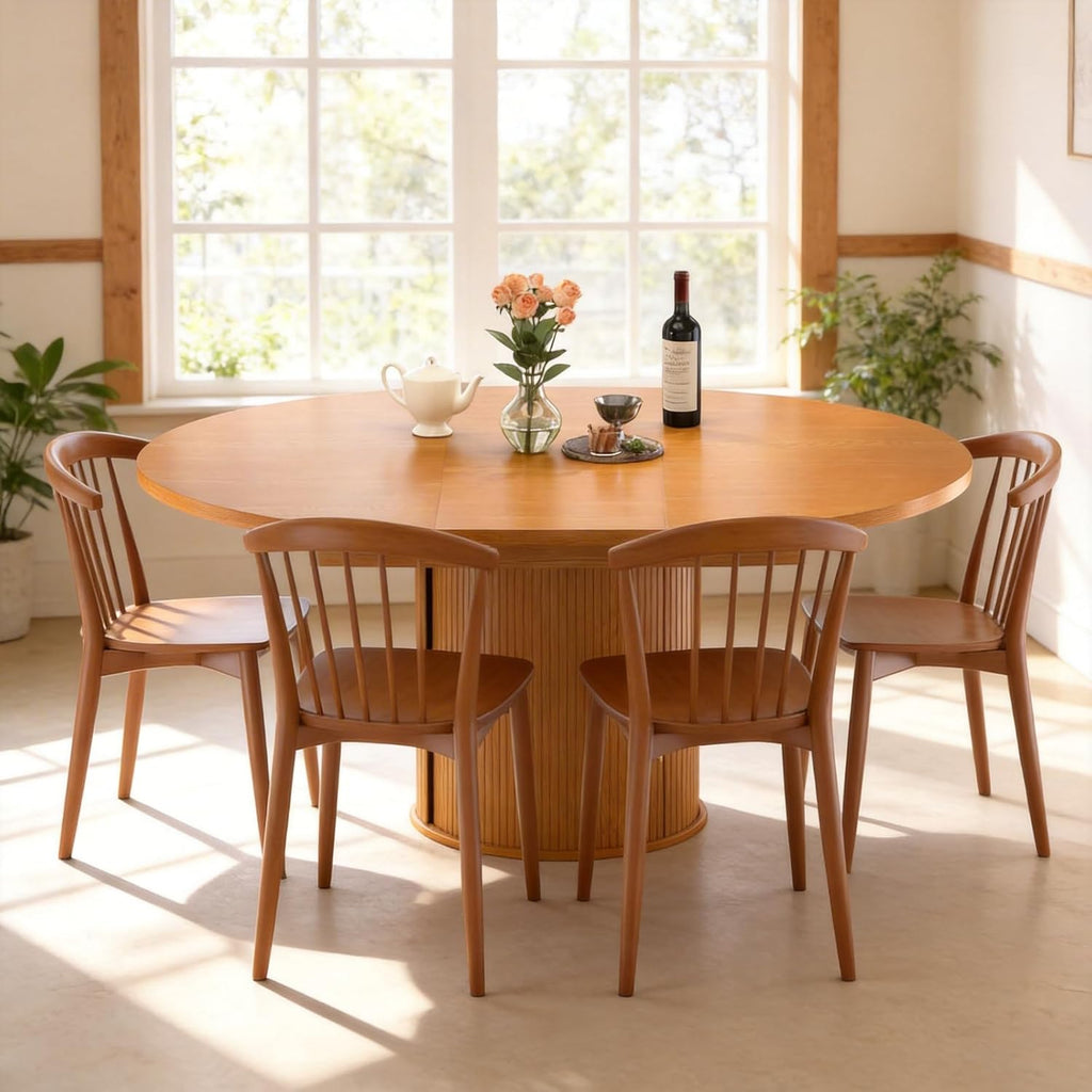 Extendable Round Dining Table: 47″ - 63″ Kitchen Table for 4 6 8 with Dust-Proof 2-Tier Storage Shelf Space Saving