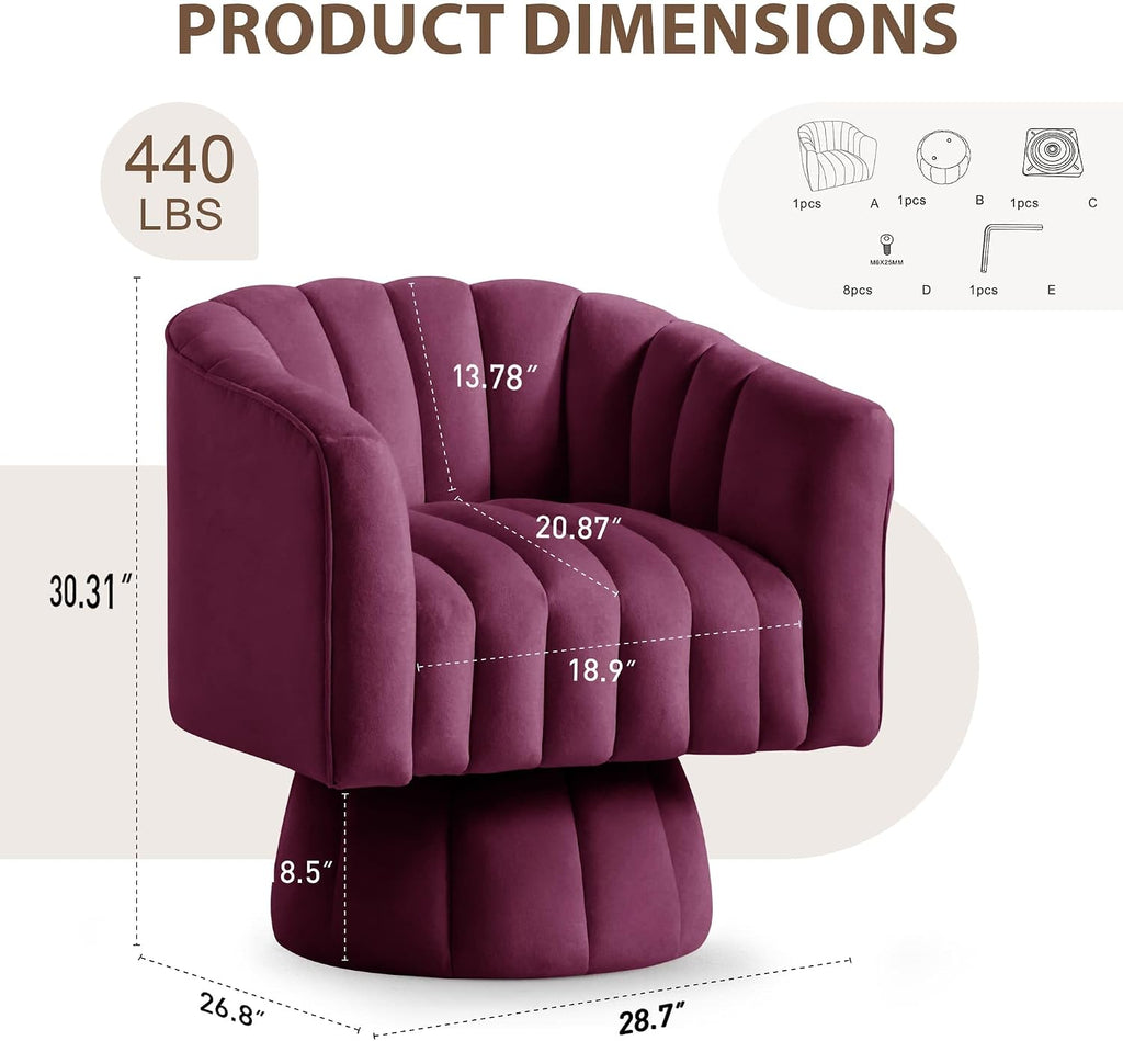 Swivel Accent Chair,360°Swivel Barrel Chairs, Mid-Century Chair with Wide Upholstered, Modern Velvet Fabric, Round
