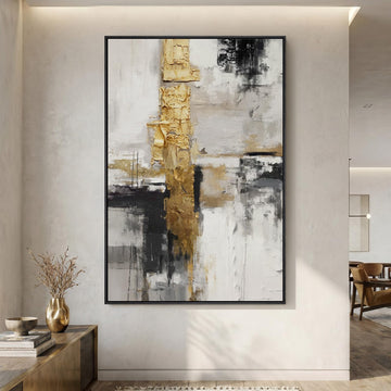 Extra Large Framed Black White Gold Abstract Wall Art, Vertical 40x60 In
