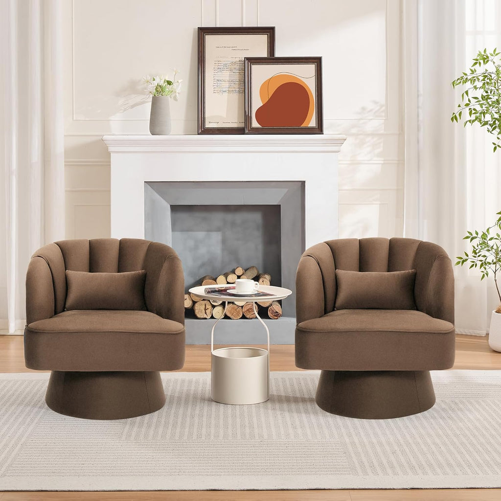 Modern Swivel Barrel Accent Chair, 360 Degree Velvet Upholstered Armchair with Striped Backrest & Plush Padding