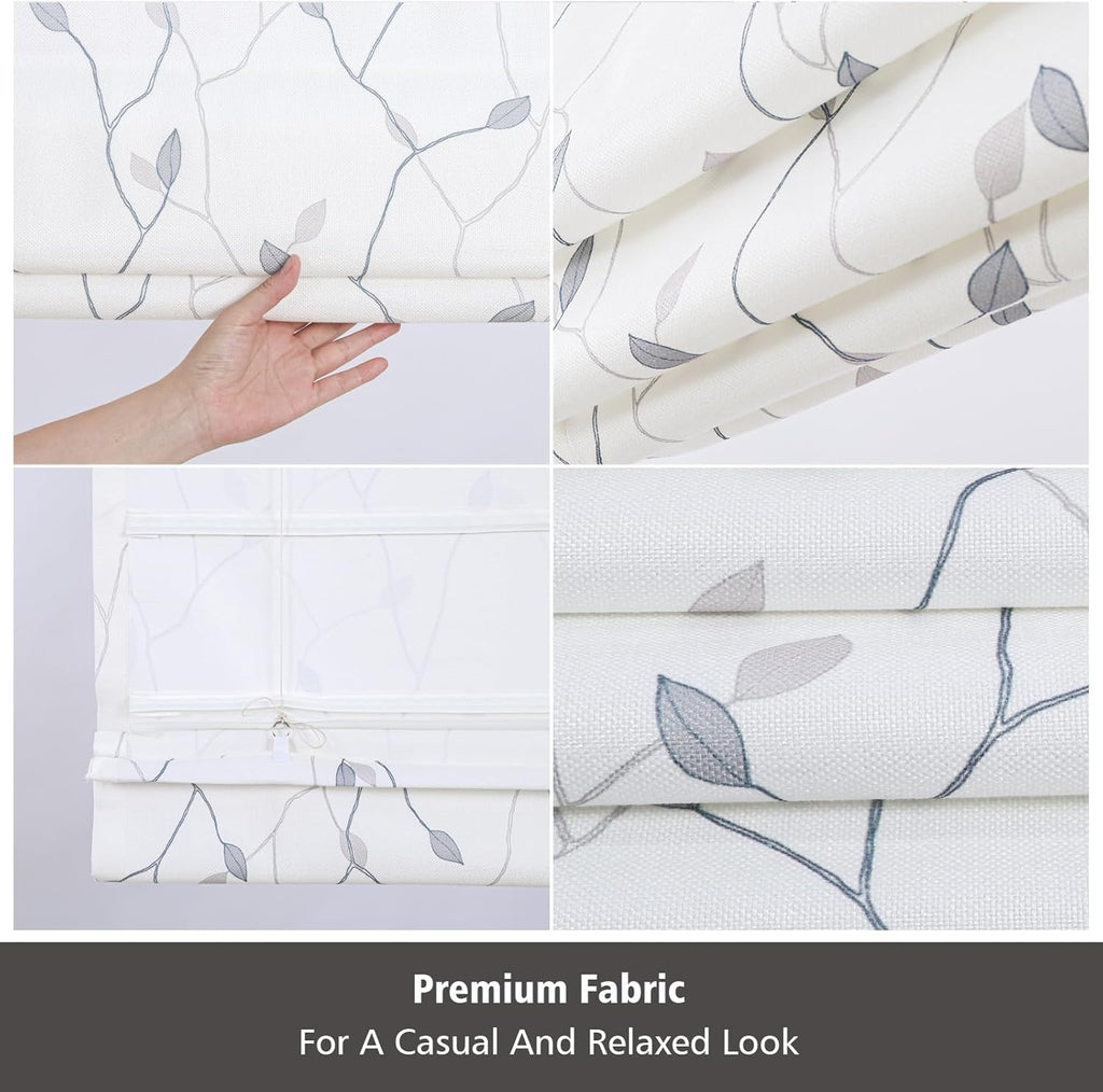 Cordless Roman Shades Window Shades, Grey Brance Leaf Blackout Light Filtering Custom Window Roman Blinds, 10% Linen