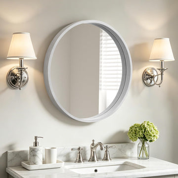 24 Inch Wood Round Mirror, Farmhouse Circle Vanity Mirror, Wooden Frame Wall Mirror, Boho Style Wall Decor (White)