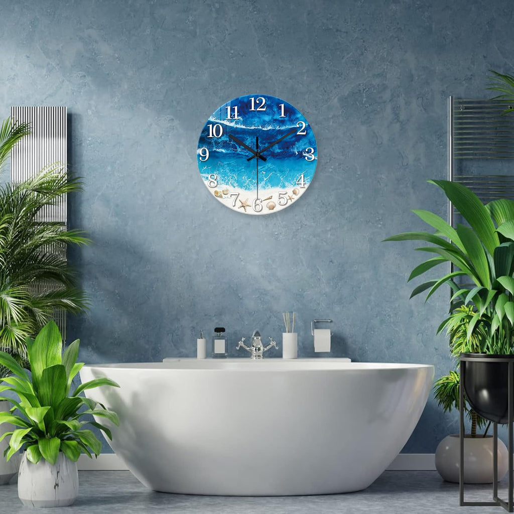 Large Coastal Beach Wall Clock 24 Inch Blue Seashell Silent