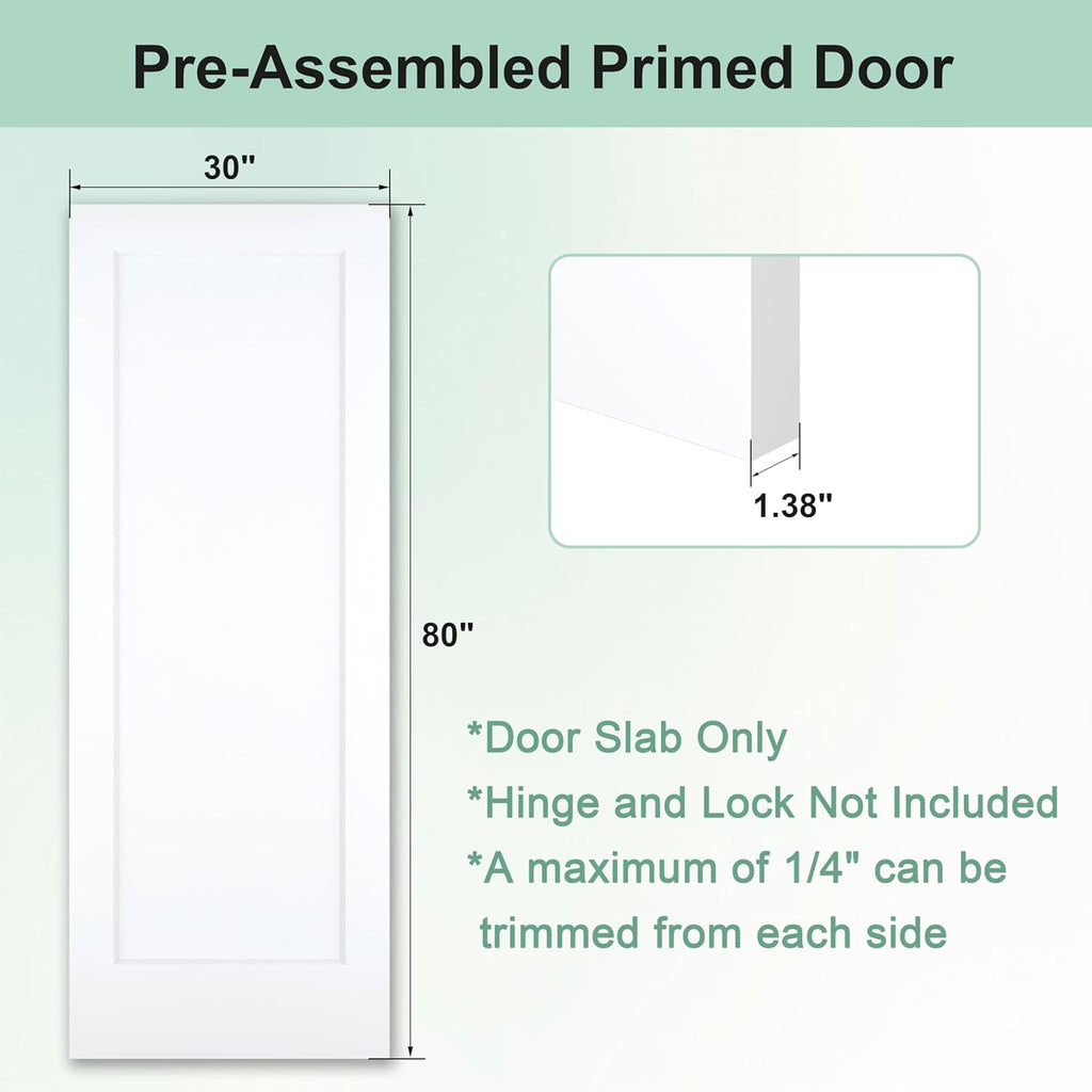 30"x80" 1-Panel Shaker Style White Primed Hollow Core Interior Molded Door Slab, NOT Pre-drilled and NOT Included Hardware, Pre-Assembled Interior Door for Pantry, Laundry, Closet