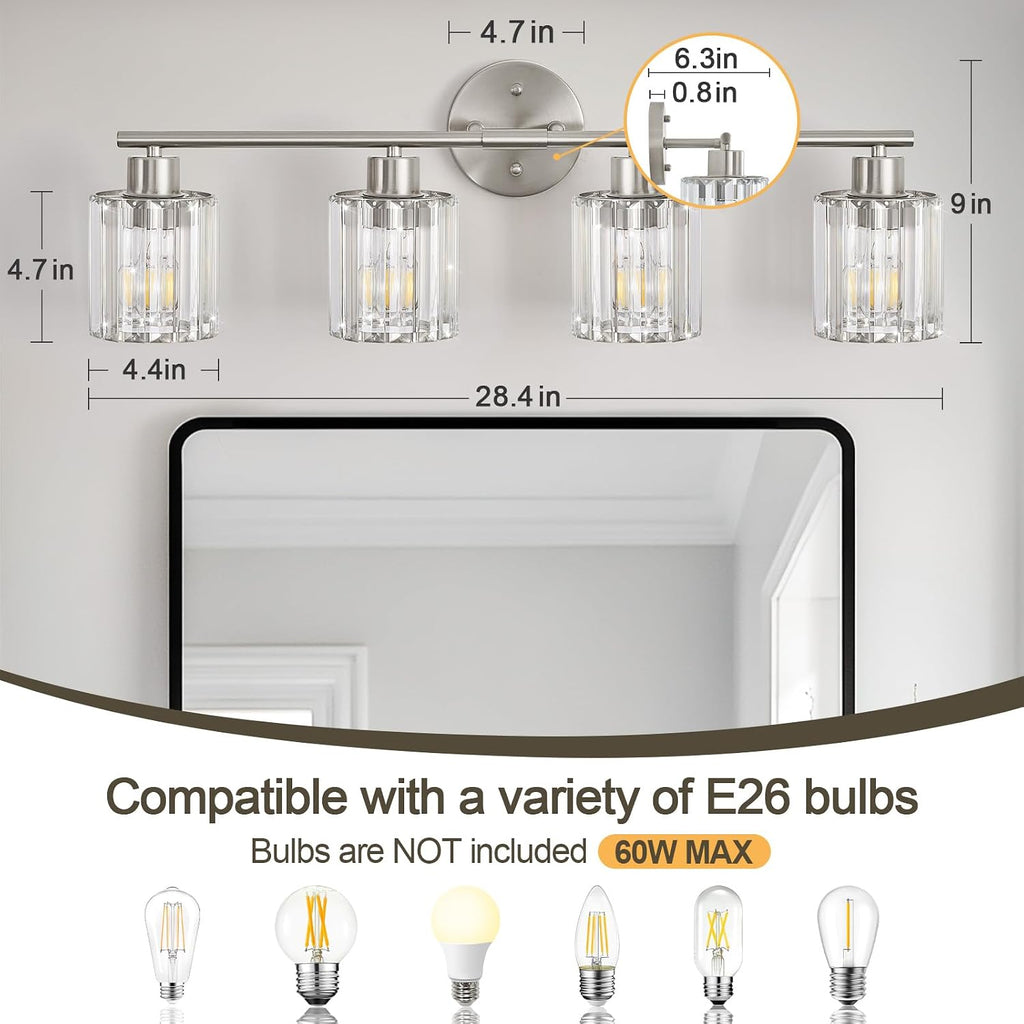 Modern Brushed Nickel Crystal Bathroom Light Fixtures,4-Light | Bathroom Lighting Fixtures over Mirror,Vanity Lights