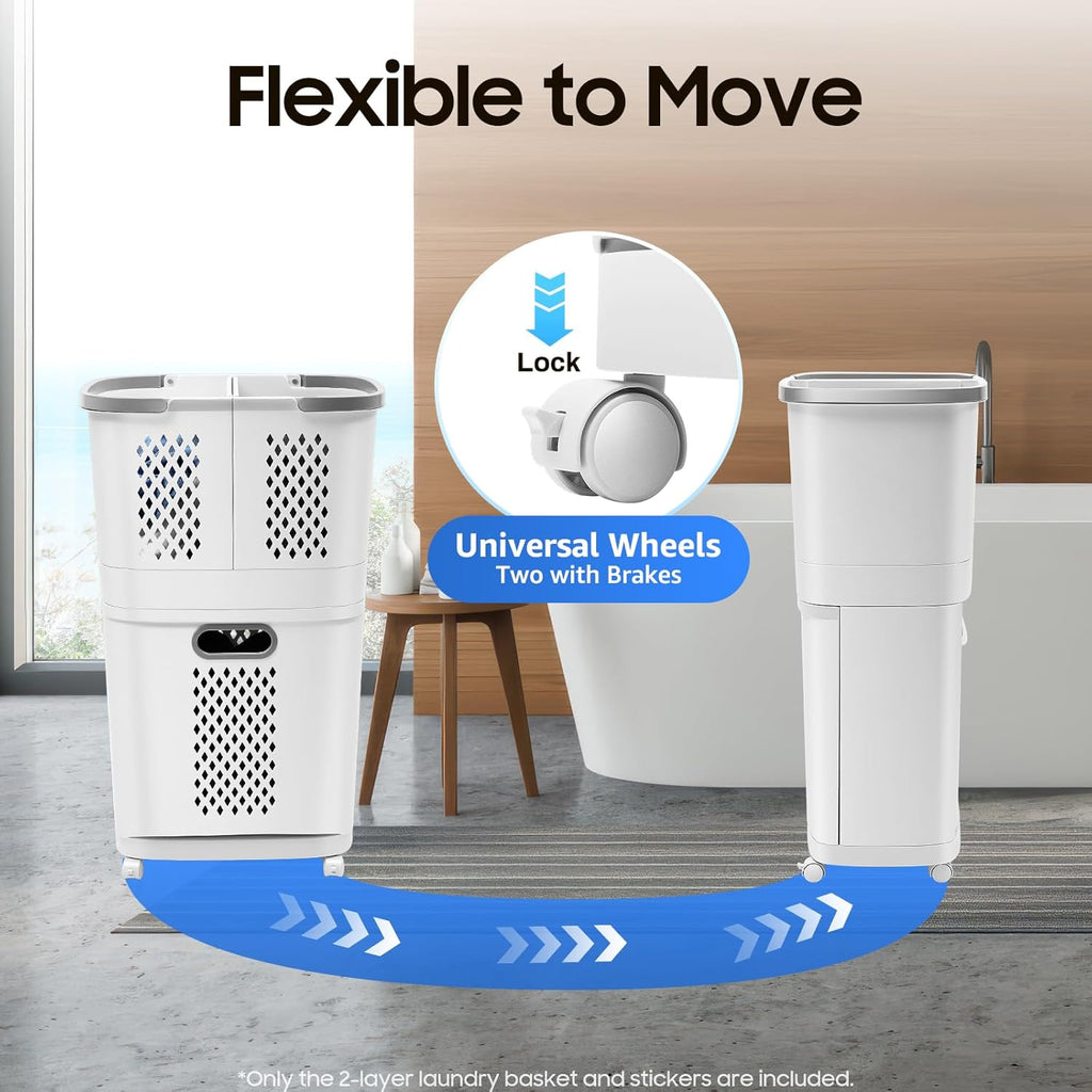 2 Tier Laundry Basket with Wheels & Handle, White Laundry Hamper Plastic 2 Section Laundry Sorter Floor-Standing