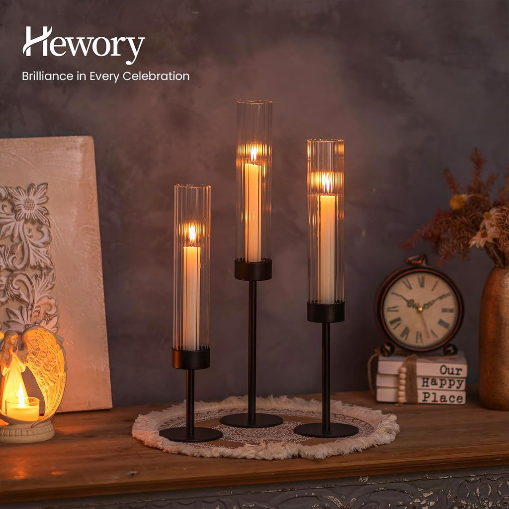 Black Taper Candle Holders: Candlestick Holders Set of 3 Hurricane Glass Tall Candle Holder for Candlesticks Candle