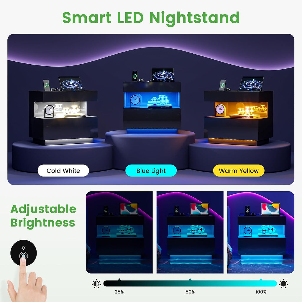 Nightstand with Gun Drawers , Smart LED Night Stand with Hidden Compartment, High Gloss Bedside Table with 3 Color