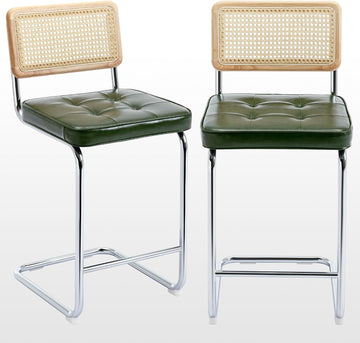 Natural Rattan Bar Stools Set of 2, Modern Counter Height Stools with Solid Wood Back, 26'' Counter Height Chairs