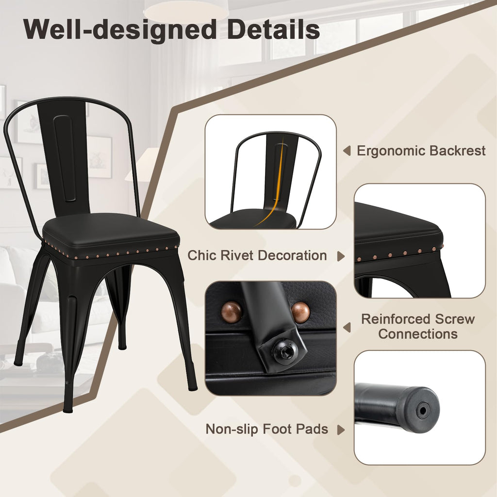 Metal Dining Chairs Set of 4, Stackable Armless Kitchen Side Chair with Detachable Backrest & PU Leather Padded Seat