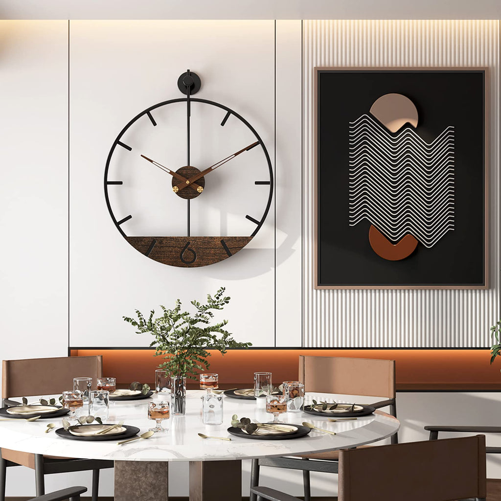 Modern Wood Walnut Dial Wall Clock, Large Simple Wall Decor Metal Frame Silent Non Ticking Clock Decor, Kitchen