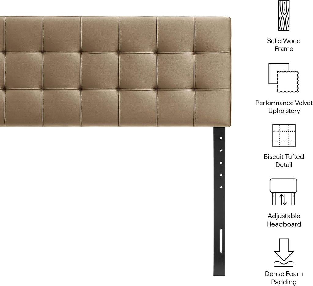 Lily Performance Velvet Queen Headboard with Biscuit Tufting in Taupe - Stain-Resistant Upholstery with Padded Design