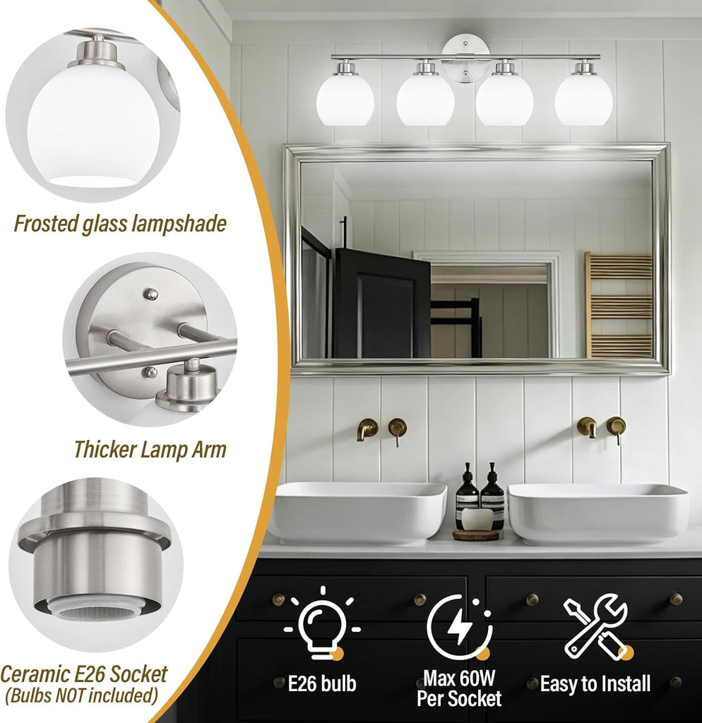 Brushed Nickel Bathroom Light Fixtures, 4-Light Vanity Light Over Mirror | Modern Bathroom Lighting Over Mirror, Wall