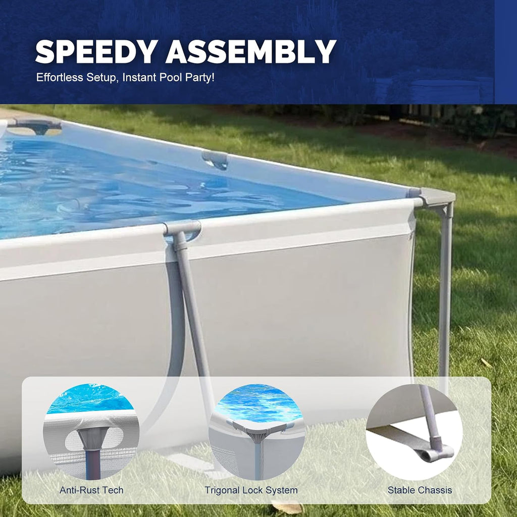 Above Ground Swimming Pool with Filter Pump, Outdoor Rectangular Steel Frame Swimming Pool for Kids Adults,10ft x