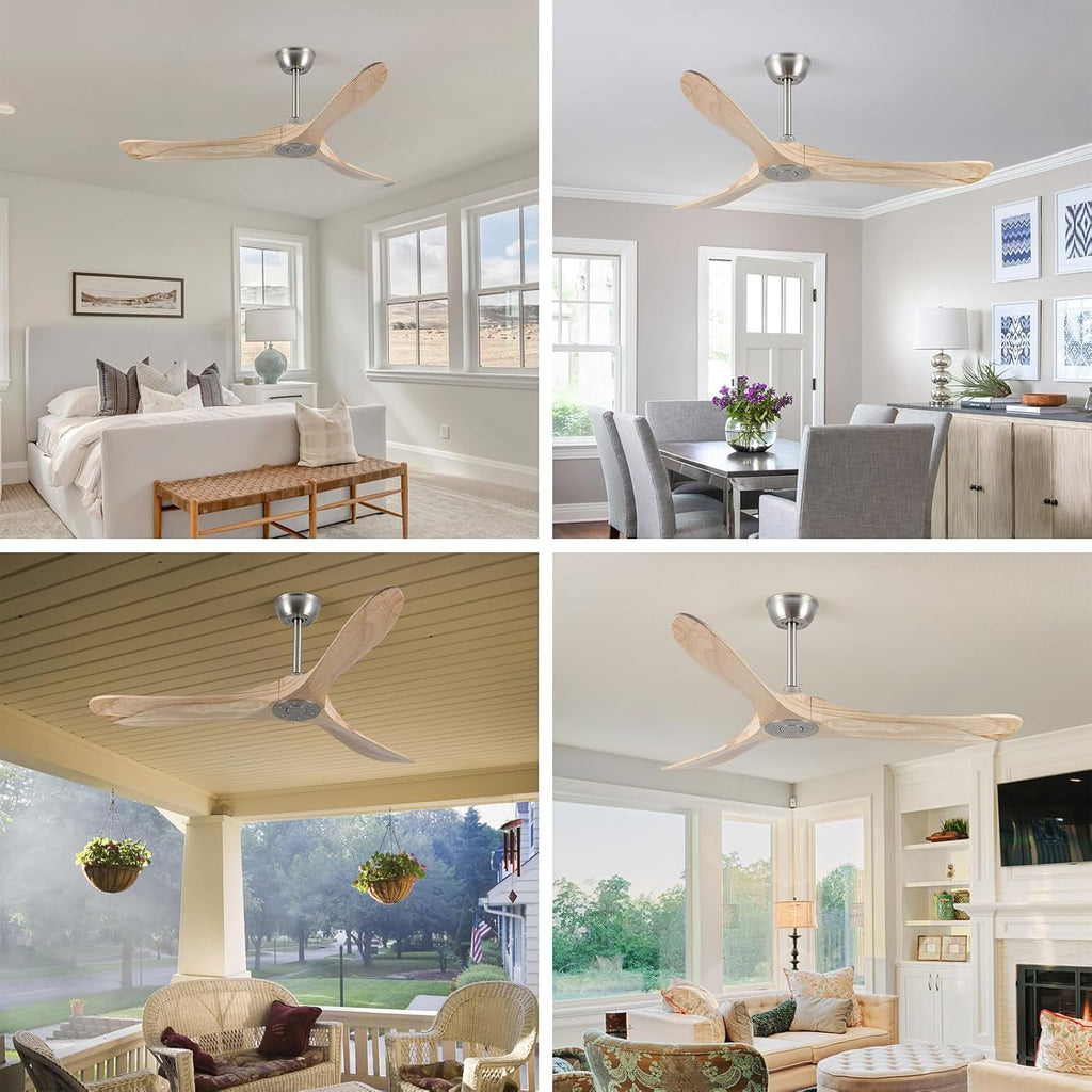 Inspired Maverick Style 52" Modern Ceiling Fan, No Light, 6-Speed, Reversible, Timed Shutdown, DC Motor, Natural Wood 3 Blade, Porch, Bedroom, Living Room
