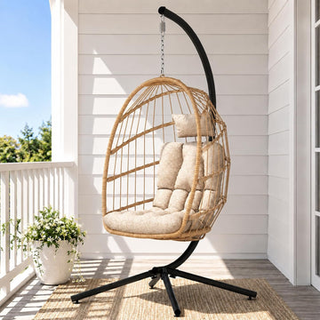 Outdoor Hanging Egg Chair with Stand, Indoor Wicker Egg Shaped Swing Chair with Cushion, 370lbs Capacity Comfy Patio