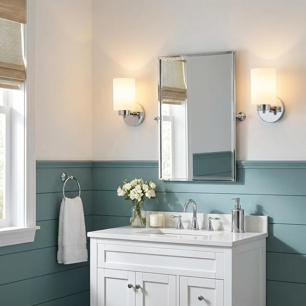 Frosted Wall Sconce Set of Two,Chrome Sconce Bathroom Lighting,Modern Chrome Vanity Light,Mid-Century Vanity Sconces