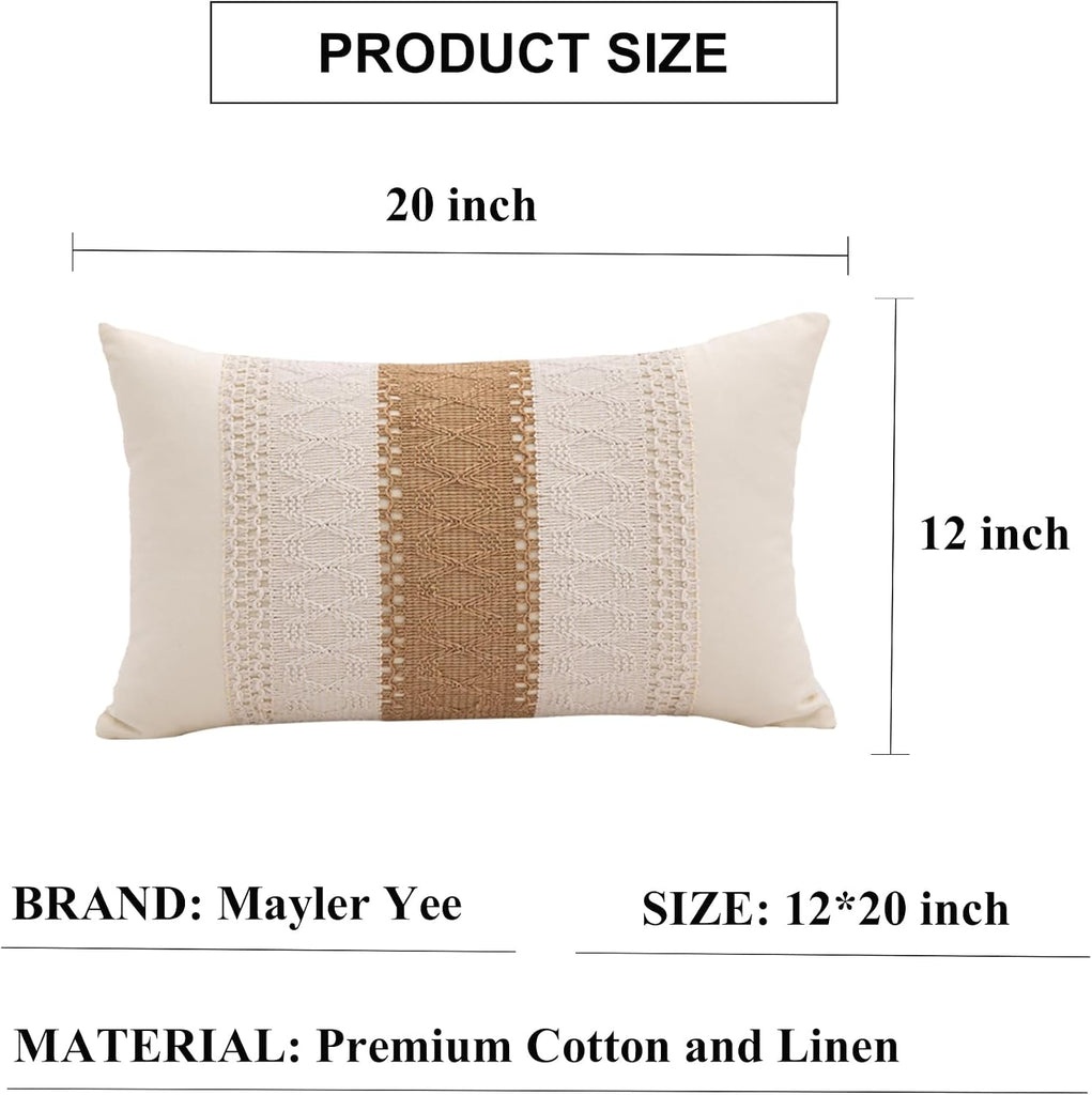 Lumbar Throw Pillow Covers 12 x 20 Inch 1PC for Farmhouse Living Room, Cotton & Burlap Textured Striped Woven Boho