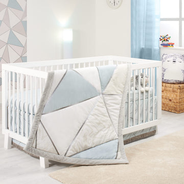Crib Bedding Set for Boys | 4-piece Baby Nursery Bedding Crib Set | Geometric Patterns, Shiny Silver, Baby Blue &