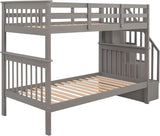 Stairway Bunk Bed with Storage Shelves, Twin Over Twin Wooden Bunk Bed Frame with Full-Length Fence