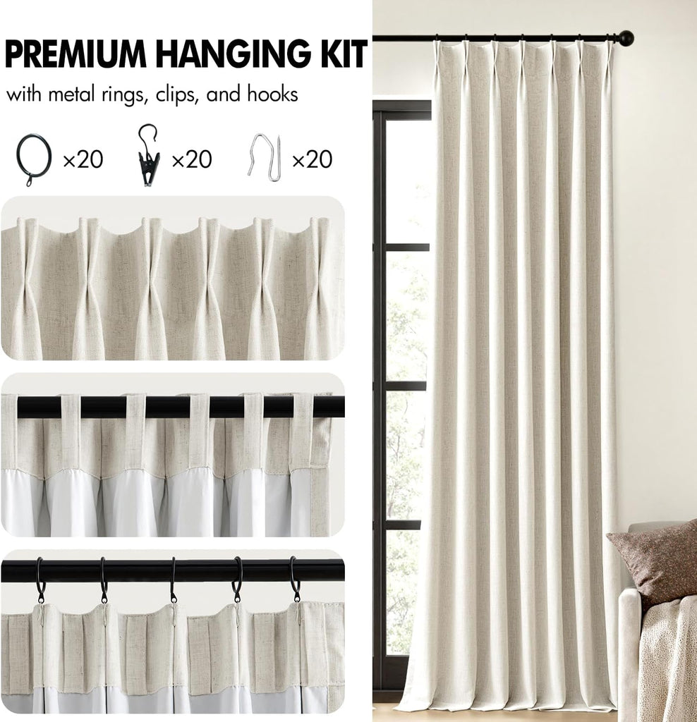 Natural Pinch Pleated 100% Blackout Linen Curtains, Room Darkening Light Blocking Window Curtains