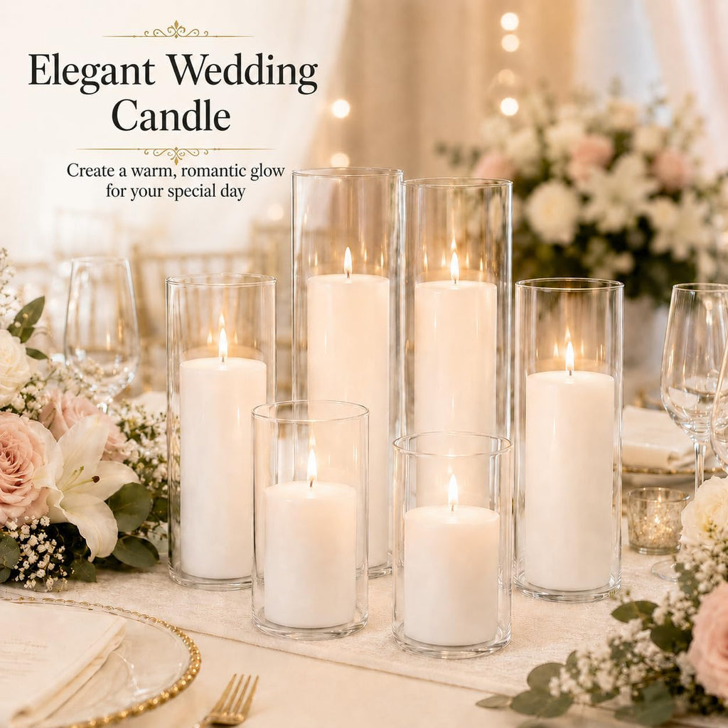 Set of 6 White Pillar Candles with Clear Glass Hurricane Holders- Elegant Cylinder Candle Vases for Weddings