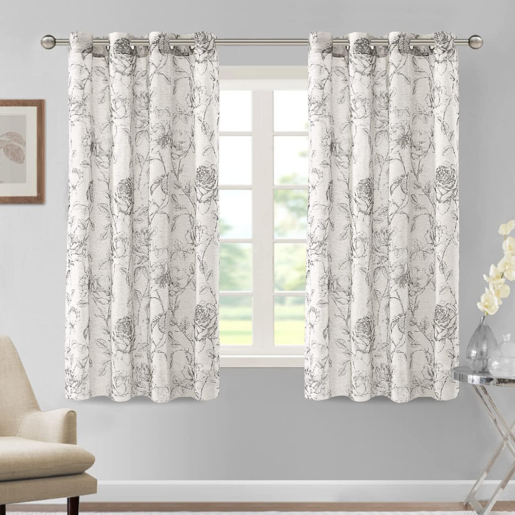 Boho Floral Linen Curtains, Semi Sheer Light Filtering Curtains, Drapes 84 Inch Length 2 Panels Set, Grommet Top