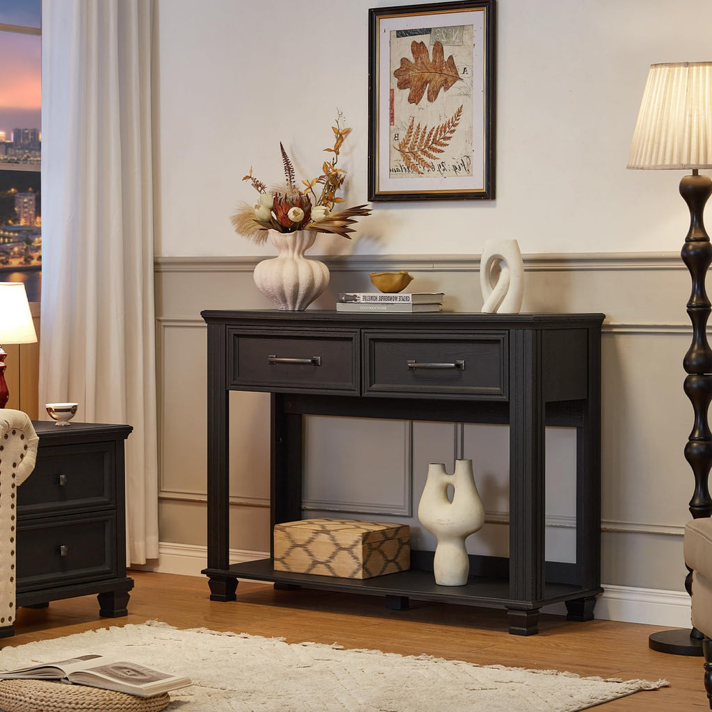 46" Farmhouse Console Table with Drawers, Black Entryway Table