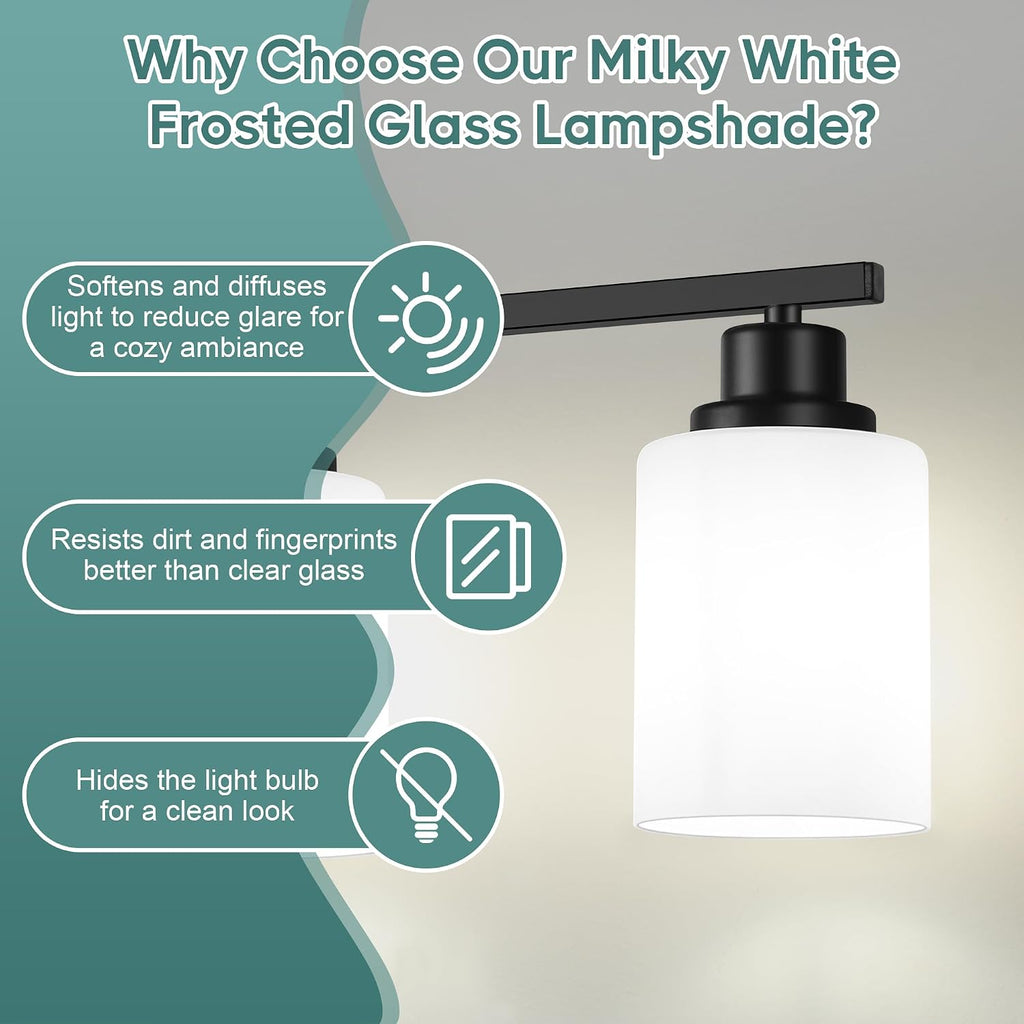 Bathroom Light Fixtures, 4-Light Vanity Light Over Mirror, Matte Black Wall Sconces with Milky White Frosted Glass
