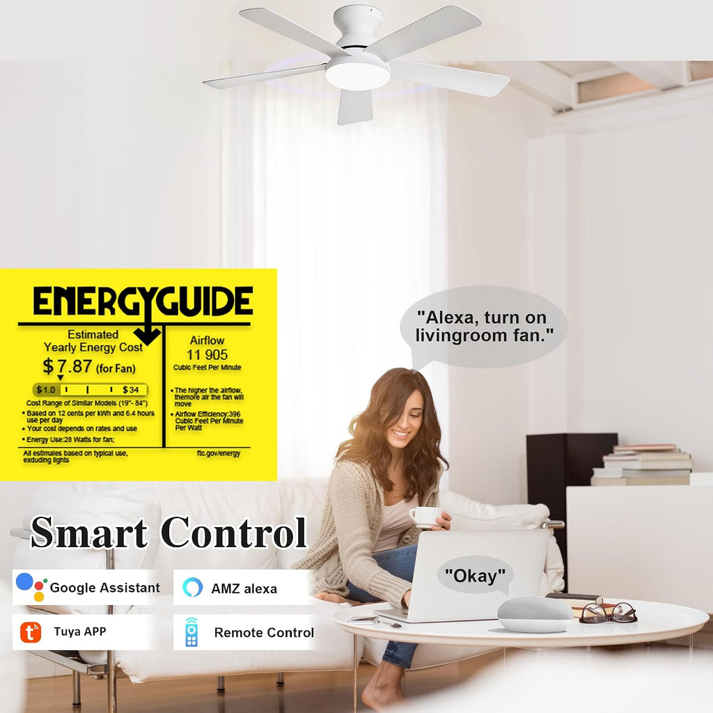 Smart Ceiling Fans with Lights Remote - 42'' WiFi Alexa Flush Mount Low Profile Modern Ceiling Fans - Stepless Color