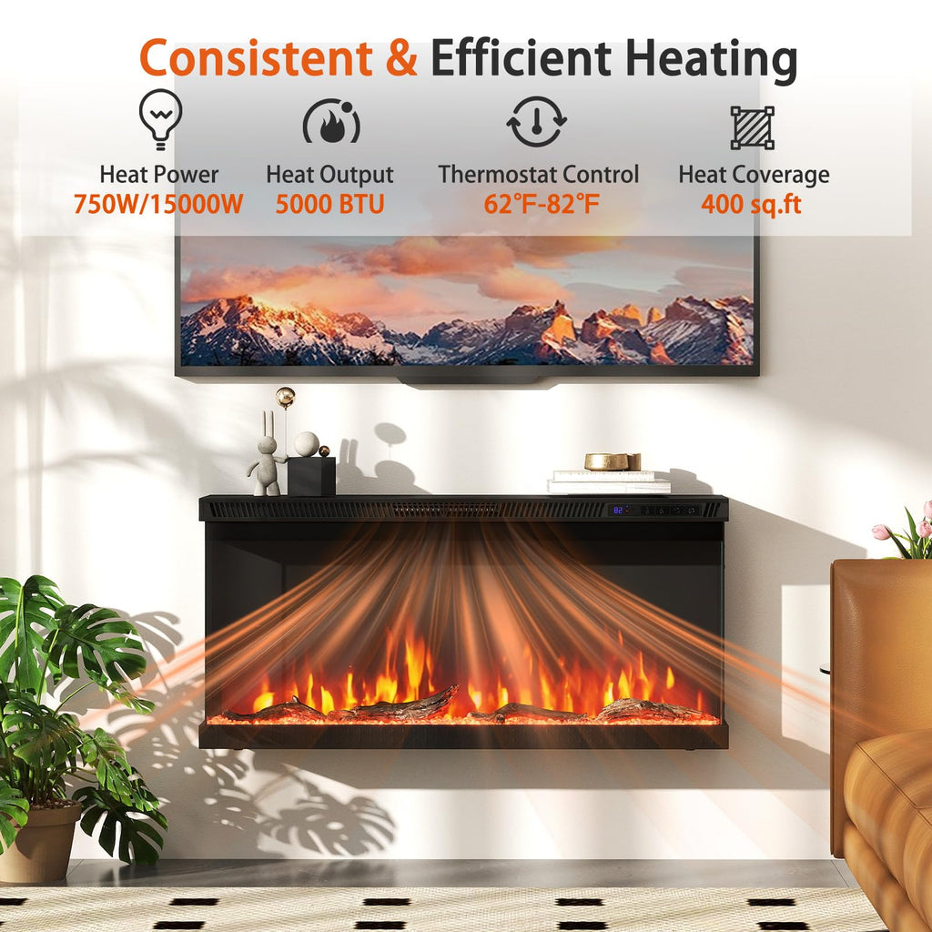 36 Inch 3-Sided Electric Fireplace Insert with Heater