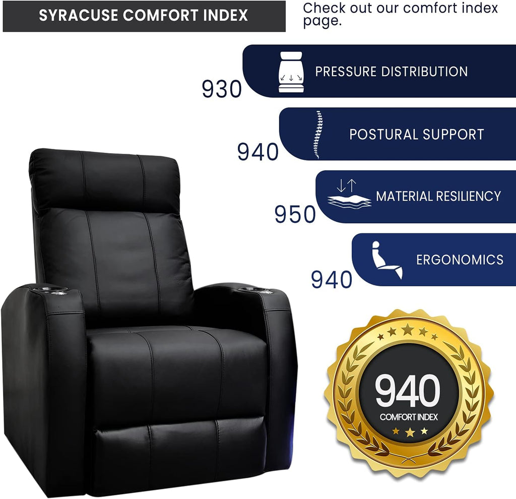 Syracuse Home Theater Seating | Premium Top Grain Nappa 9000 Leather, Power Recliner, LED Lighting (Row of 4, Black)