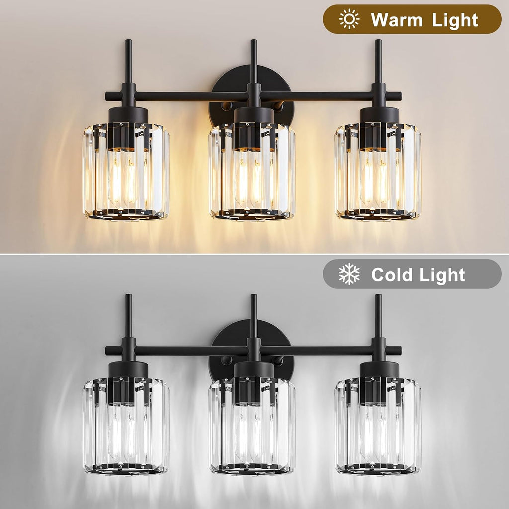 3 Light Black Crystal Vanity Light, Modern Bathroom Vanity Light Over Mirror, Up and Down Mount Wall Sconce Lighting