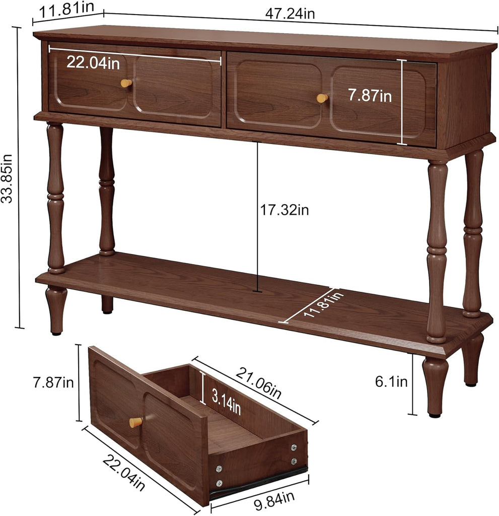 Console Table with Drawers , Mid-Century Entryway Table with Storage, Brown Narrow Entryway Table with Open Shelf