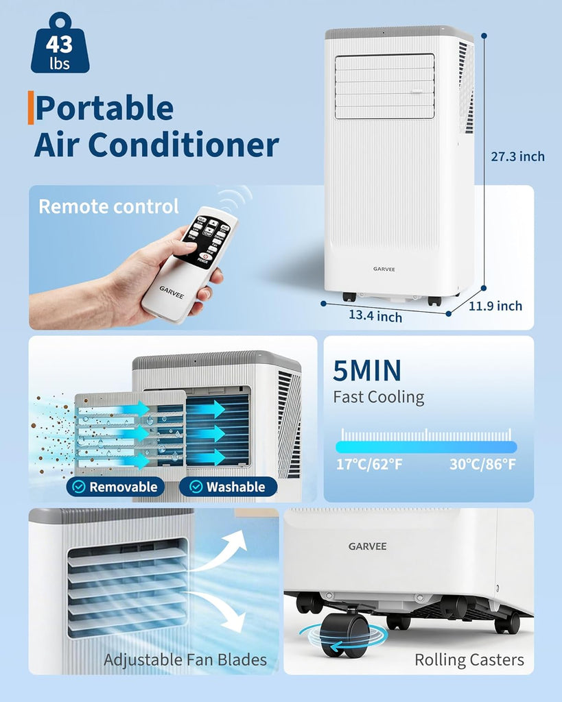 8000BTUs Portable Air Conditioner with Remote Control,350 Sq.Ft Max. 48dB Portable AC Unit, Dehumidifier, Fan, Sleep