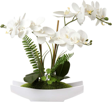 Orchids Artificial Flowers 15" Large Fake Orchid White Phalaenopsis Orchid Flower Arrangements with Vase Faux Orchid
