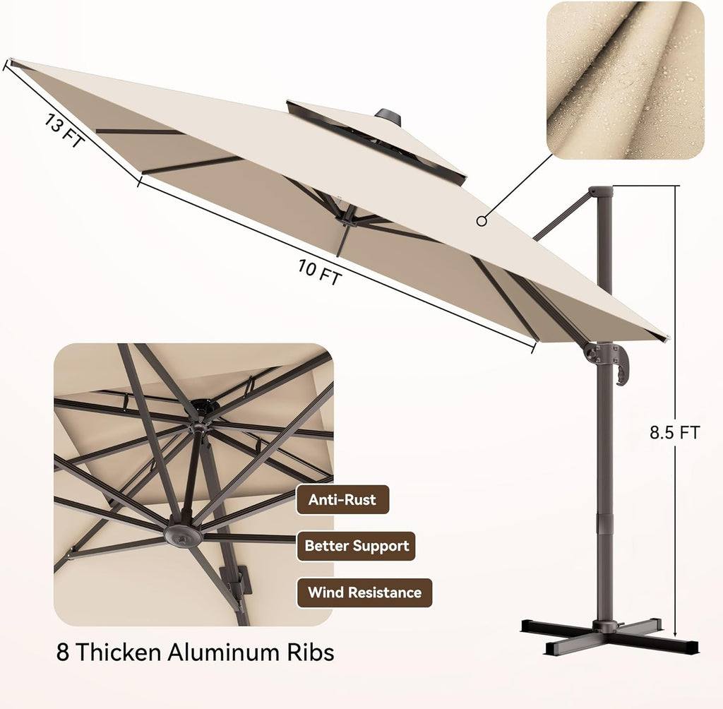 10x13 FT Patio Umbrella, Large Cantilever Rectangular Double Top Heavy Duty Offset Umbrellas with 360° Rotation