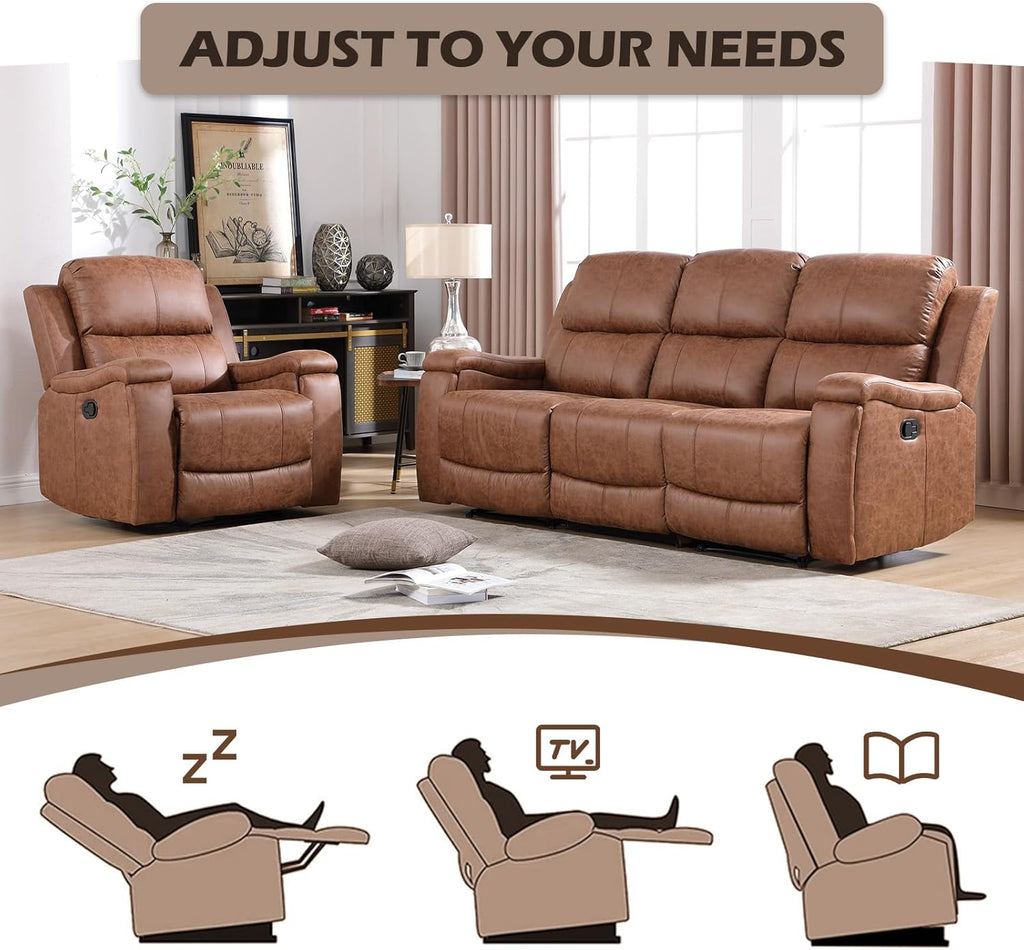 Faux Leather Manual Reclining Sofa,3 Seat Recliner Couch Sofa with Overstuffed Arms and Back,Manual Recliner