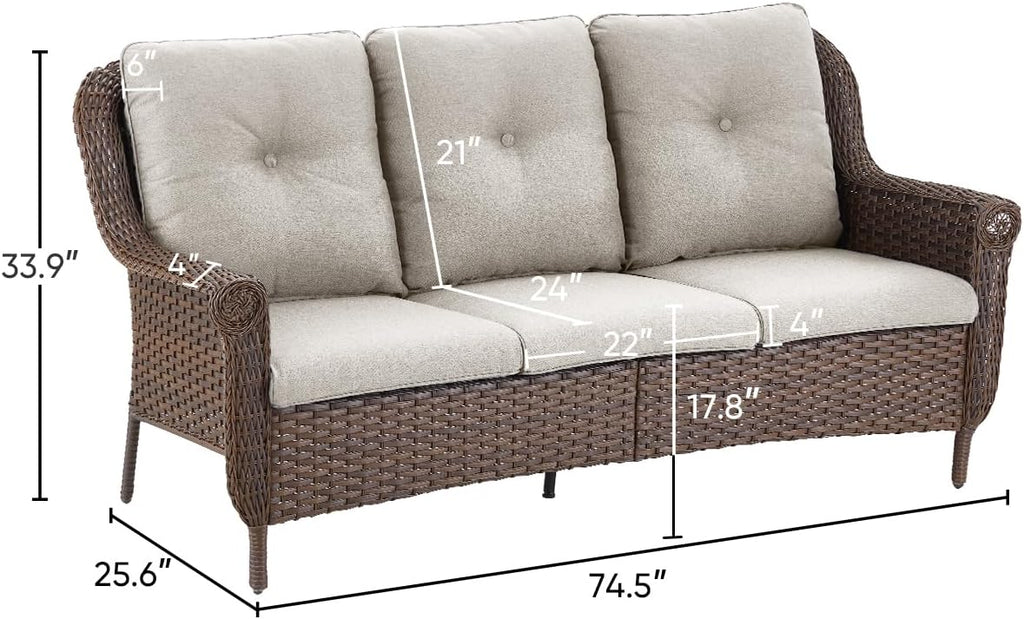 Patio Couch Outdoor Wicker Sofa - Heavy Duty All-Weather Brown Rattan 3-Seater with High Back and Comfortable Thick
