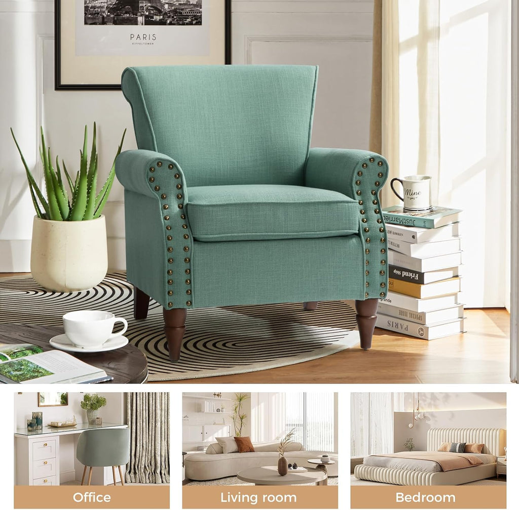 Accent Chair with Wood Legs & Removable Cushion, Modern Wingback Armchair with Nailhead Trim, Comfy Upholstered