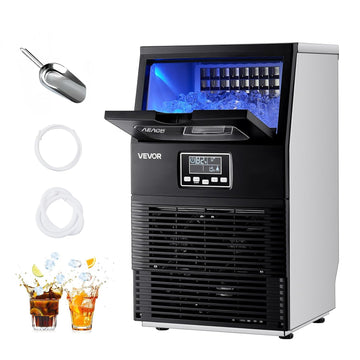 Commercial Ice Maker Machine, 80 lbs/24h with 12Lbs Storage, 32 Cubes per Cycle, Stainless Steel Freestanding &