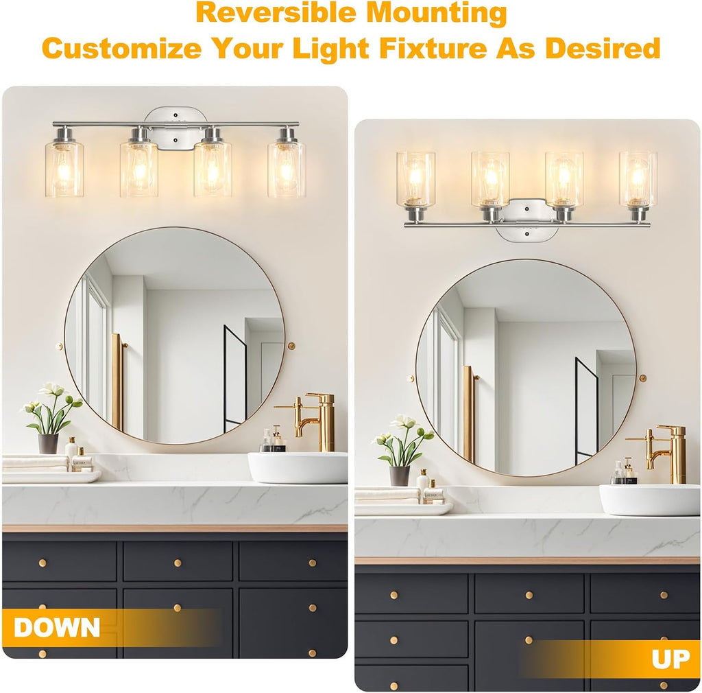 Bathroom Light Fixtures, 4 Light Vanity Lights , Brushed Nickel Wall Lamp with Clear Glass for Mirror, Living Room
