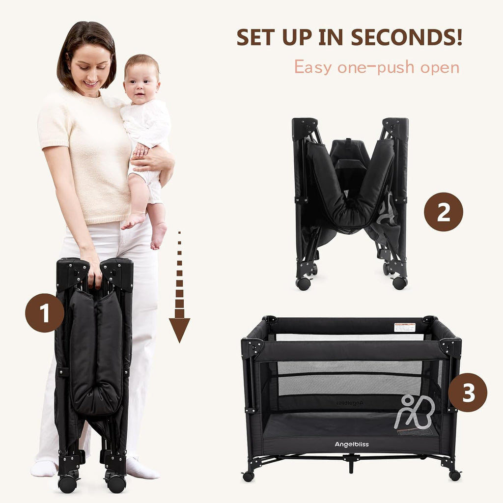 Pack and Play, Baby Bassinet Bedside Crib with Changer, Black | One-push setup, mattress, breathable mesh, adjustable