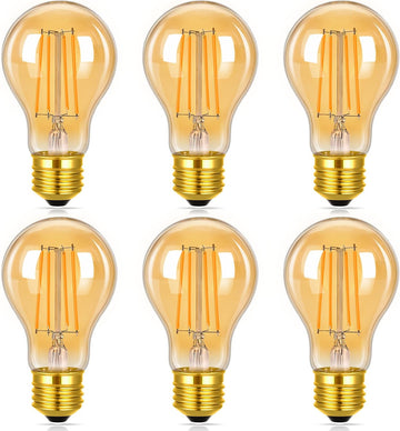 A19 Vintage LED Edison Bulbs, 60W Equivalent, 2200K Amber Warm, 6 Pack